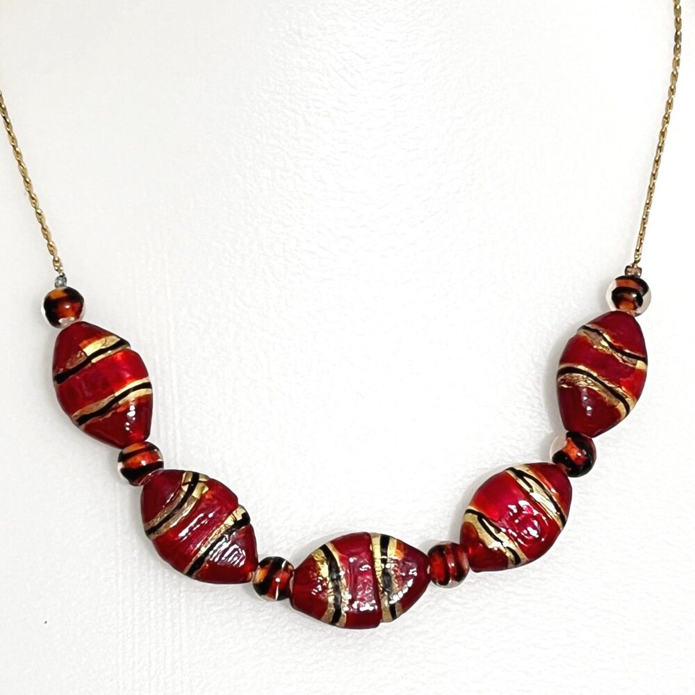 Vintage Art Glass Beaded Necklace Red Oval Gold Tone Foil Striped Handmade